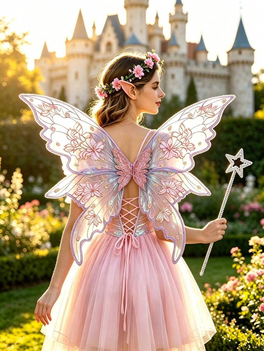 Shiny Butterfly Fairy Wings Costume Set, With Flower Crown, Elf Ears And Magic Wand. Suitable For Halloween Role-Playing And Party Events. - Multicolor - View 1
