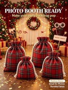 Christmas Gift Red Plaid Drawstring Storage Bag, Suitable For Women/Men, Small Gift Bag, Plaid Pattern, Drawstring Closure, Ideal For Wedding Favors, Jewelry Storage, Christmas Candy, Birthday Party Supplies, Handmade Bead Storage - Multicolor - View 5