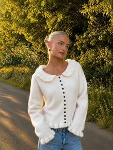 MORI Fall Winter Women Sweaters Casual Y2K Basic White Ruffle Trim Collar Button Front Long Sleeve Slim Fit Knit Cardigan Daily Outfits - White - View 4
