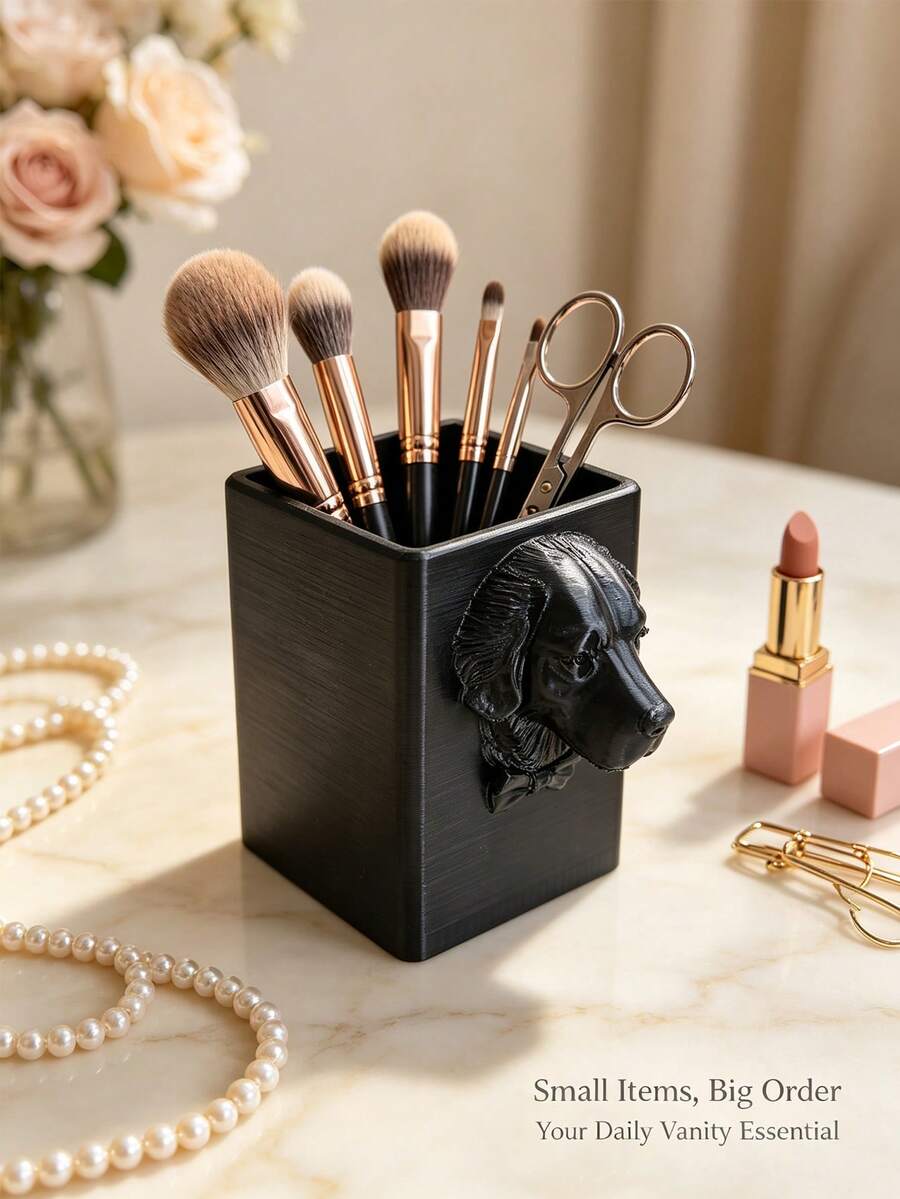 Black Luxury Dog Head Design Makeup Brush Holder, Multifunctional Desktop Makeup Tool Storage Bin, Vanity Table Organizer And Decorative Ornament - View 1