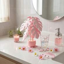 Monstera Potted Plant Coaster Set, With 6 Monstera Leaf Coasters, Artificial Greenery, Home Decor Essential, Suitable For Desk, Office, Study, Entryway, Dorm, Create Warm Decorative Atmosphere, Great Gift Choice, Suitable For Housewarming, Birthday Gift - Multicolor - View 9