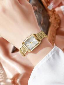 Women's Vintage Square Dial Quartz Watch & Rhinestone Bracelet 2pcs Set, Elegant Metal Band Wristwatch Jewelry Set, Multiple Colors Available - Gold - View 5