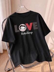 Whysmera SHEIN X Betty Boop Summer Women's Graphic Short Sleeve T-Shirts, Romantic LOVE Letter With Cartoon Character In Heart Print Crew Neck Tops - Black - View 1