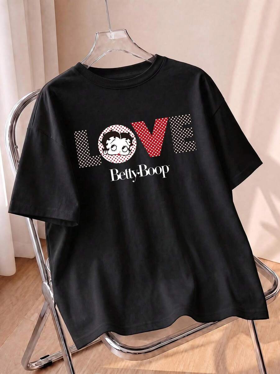 Whysmera SHEIN X Betty Boop Summer Women's Graphic Short Sleeve T-Shirts, Romantic LOVE Letter With Cartoon Character In Heart Print Crew Neck Tops - Black - View 1