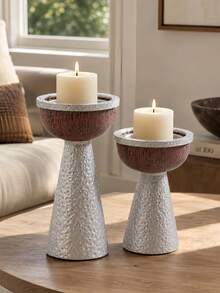 1pc Rustic Silver Hammered Candle Holder, Farmhouse Table Centerpiece For Living Room Dining Mantel Home Decor - Silver - View 3