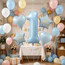 5件組 40英吋藍色數字1、18英吋藍色愛心與藍色Happy Birthday印花星星鋁箔氣球，1歲生日派對裝飾 - 藍色 - 查看 7