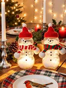1 Set Transparent Snowman Shaped Plastic Storage Canister With Hat And Red & White/Red & Green Striped Scarf, Suitable As Christmas Party Favor, Christmas Table Decor, Christmas Dessert Table Decoration Or Afternoon Tea Party Gift - Multicolor - View 6