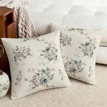 2pcs Vintage Blue Floral Home Decor Throw Pillow Covers, French Country Elegant Style Lightweight Polyester Material Single-Sided Printed Cushion Covers, Suitable For Daily Home, Sofa, Bed, Bedroom, Living Room, Cafe, Exhibition Hall, Decorative Pillow Covers, Daily Holiday Party Decoration - Beige - View 6