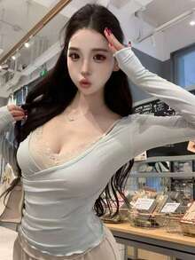 2pcs/Set Spring V-Neck Long Sleeve T-Shirt And Camisole Top Elegant Summer - Baby Blue - View 3