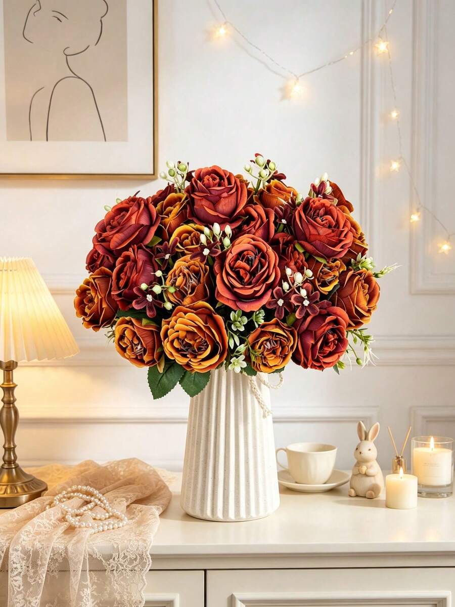 1pc Artificial Peony Bouquet, Silk Roses, Suitable For Home, Wedding, Party Decoration, Tabletop Decor, Valentine's Day, Birthday Gift, Graduation Ceremony And Other Occasions - Orange - View 1