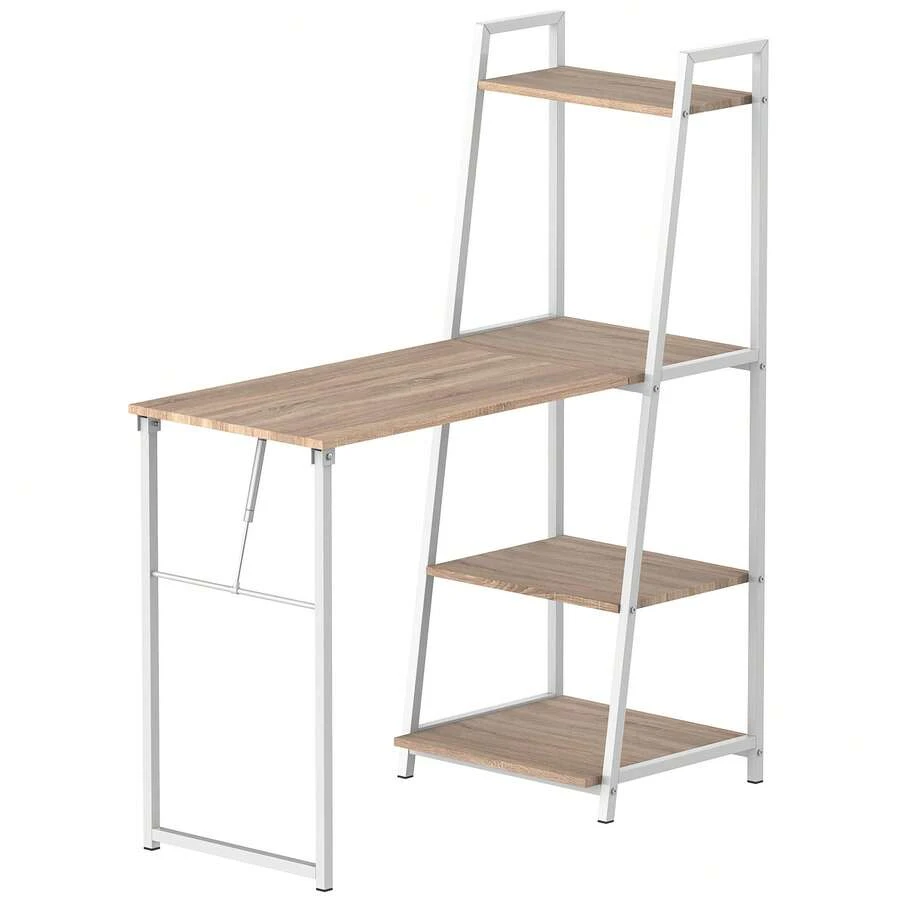 Opklapbaar bureau - 2-in-1 boekenplankbureau - 4 planken - Licht eikenhoutlook, wit metaal - A - Bekijken 1
