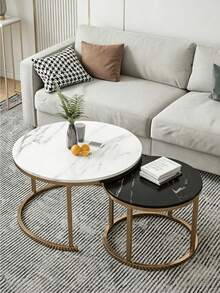 Stackable Marble Table With Metal Frame, Living Room Coffee Table With Sturdy Frame & Embedded Marble Surface, Movable & Space-Saving, Great Side Table For Living Room, Bedroom, Balcony And Terrace, One Random Floor Mat Included - Multicolor - View 7
