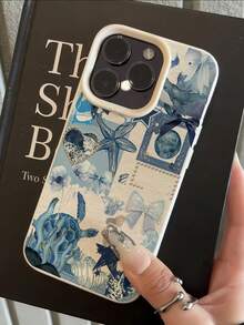 1pc White Matte Minimalist Lens Protection Blue Turtle & Starfish Collage Pattern Phone Case, Personalized Compatible With IPhone 16 Pro Max/17/16/15/14 Plus/13/12/11/Air And Series - Multicolor - View 4