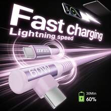 Tzlrxl 高速 60W PD 充電線，雙 USB-C 接頭，90° 彎頭插頭，強化尼龍編織，多色多長可選 - 黑色 - 查看 4