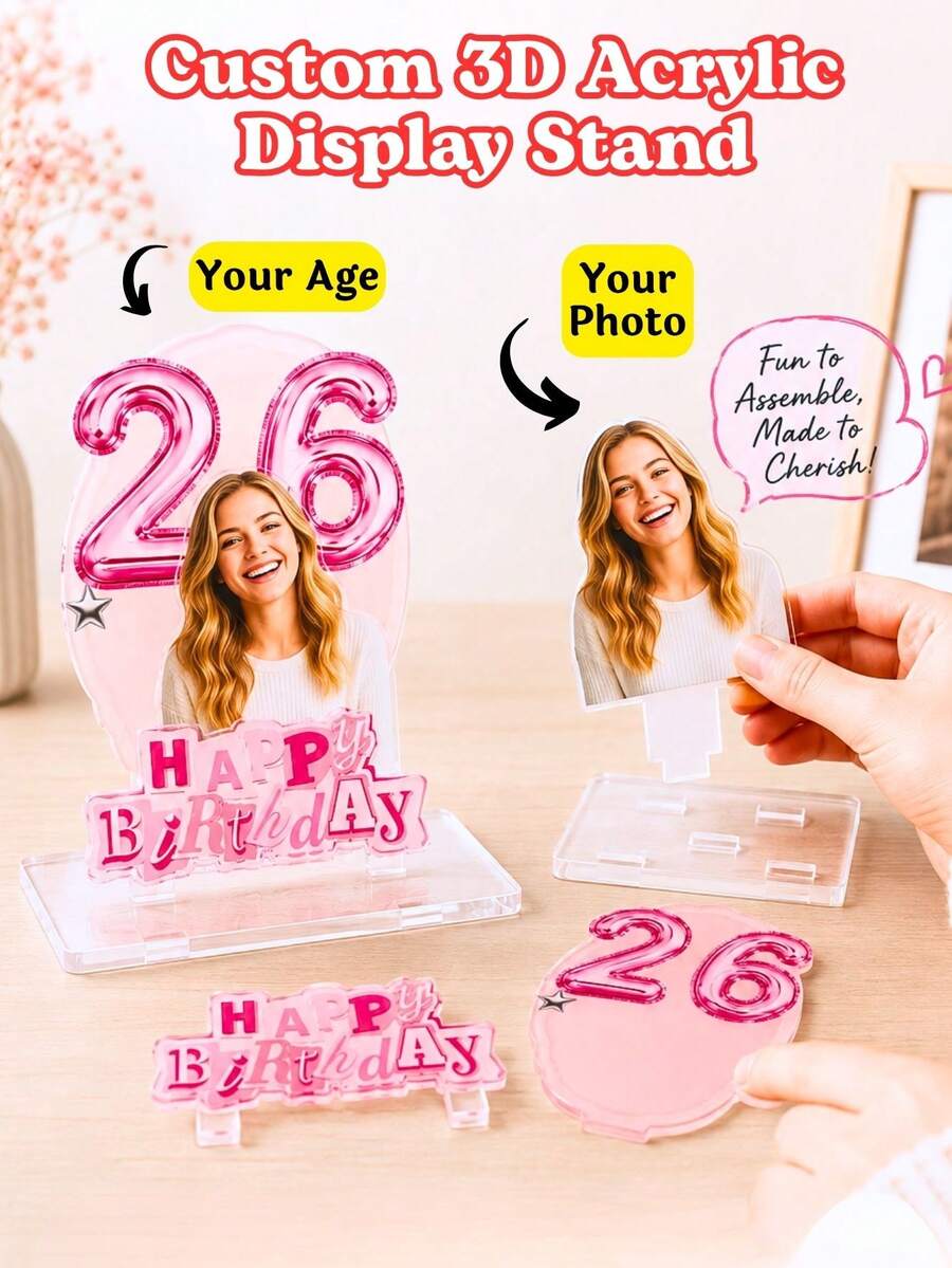 Custom Personalized 3D Acrylic Birthday Display Stand, Personalized Photo And Age Number Standee, Christmas, Single Party, Home Decor, Party Decoration, Happy Birthday Custom Desktop Decor, Birthday Party Gift Personalized Photo Acrylic Standee