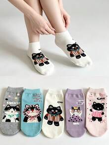 1/5 đôi tất cổ ngắn in mèo hoạt hình dễ thương, phong cách preppy ngọt ngào, tất thường ngày casual cho nữ, màu ngẫu nhiên - Nhiều màu - Xem 1