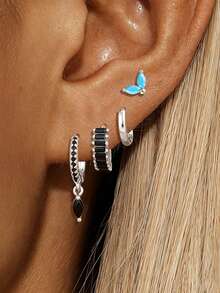 4PCS Fashion Small Square Black Hoop Earring Set For Women Cute Stainless Steel Turquoise Stainless Steel Stud Earrings Party Jewelry Gifts - Silver - 4pcs - View 2