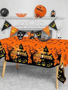 1pc Orange Halloween Table Cover 220x130cm Scary Haunted House Disposable Table Cloth Halloween Table Decor Trick Or Treat Halloween Party Supplies - Multicolor - View 2
