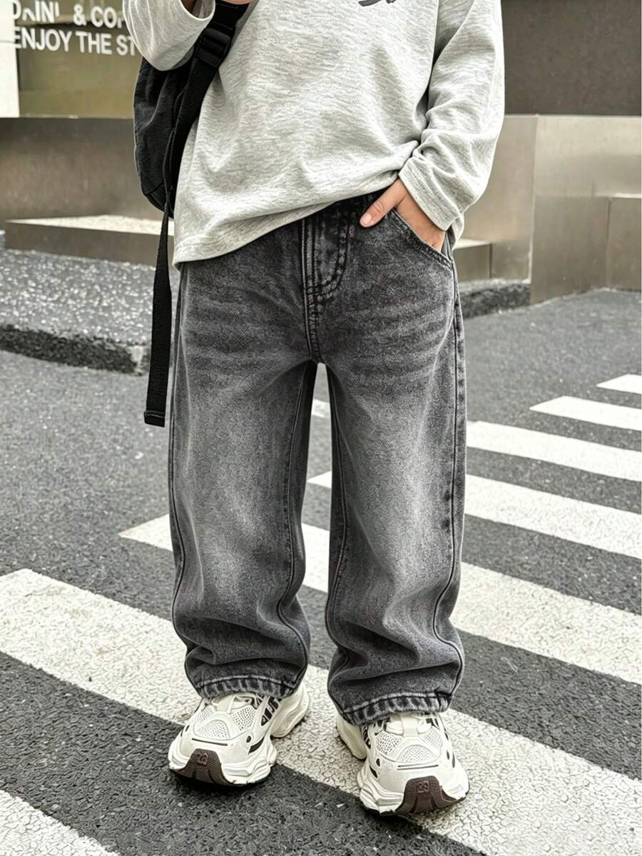 Young Boys Fashion Stone Washed Casual Wide Leg Loose Black Denim Jeans - Black - View 1