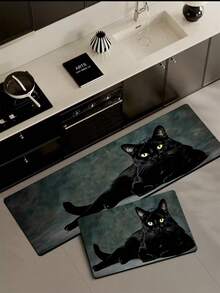 1pc Cool Black Cat Pattern Diatomaceous Earth Kitchen Mat, 3.5mm Trimmable, Sponge Pressure Relief Rubber Bottom Easy To Clean, Kitchen Entryway Laundry Room Living Room Universal Anti-Slip Rug - Multicolor - View 11