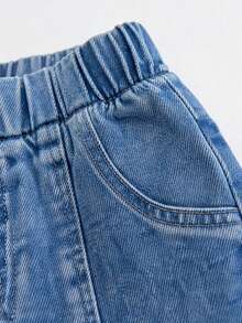 2pcs/Set Celana Jeans Denim Anak Perempuan, Dua Pilihan Warna, Pinggang Elastis, Belahan di Bagian Bawah, Hiasan Pita, Model Kaki Melebar - MultiWarna - View 3