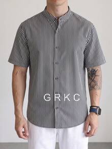 GRKC Men's Stand Collar Short Sleeve Woven Loose Fit Business Casual Button-Up Shirt, Spring/Summer - Light Grey - View 3