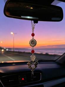 Pingente de Espelho Retrovisor de Morcego Escuro, Ornamento Pendurado de Decoração de Carro com Conta Vermelha de Margarida Vintage, Charme de Espelho Retrovisor de Morcego Gótico, Pingente Pendurado de Interior de Carro com Conta Vermelha de Margarida em Forma de Coração e Gota de Água - Flor de Morcego - Visão 8