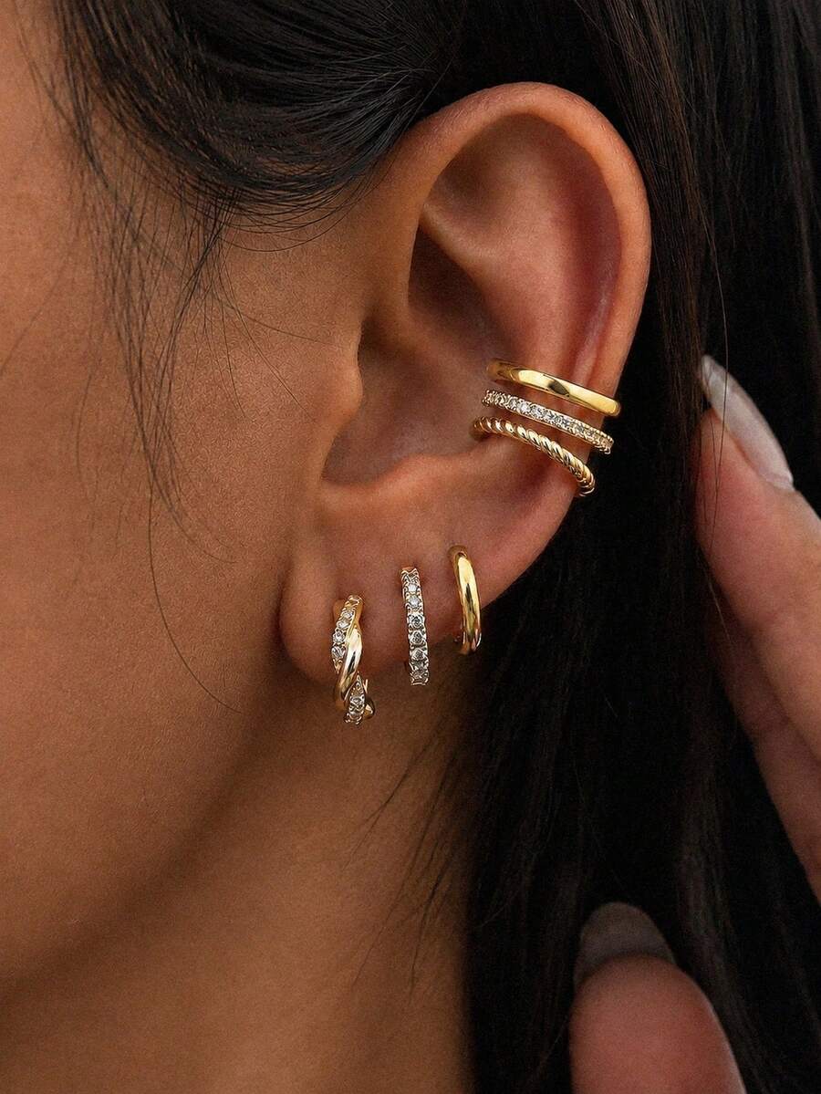 6/12pcs Elegant Dazzling Earring Sets Earrings Stack Golden Silvery Rhinestones Twisted Hoop Cuffs Stack Cartilage Clip Women Party Gifts
