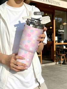 1pc/5pcs 30oz Macaron Color Plaid Floral Insulated Tumbler, Stainless Steel Material, With Handle, Straw And Leak-Proof Flip Lid, Soft Colorful Floral And Macaron Plaid Print, Birthday And Holiday Gift, Suitable For Travel, Work, Fitness And Daily Outdoor Use - Pink - Plaid Floral - View 5