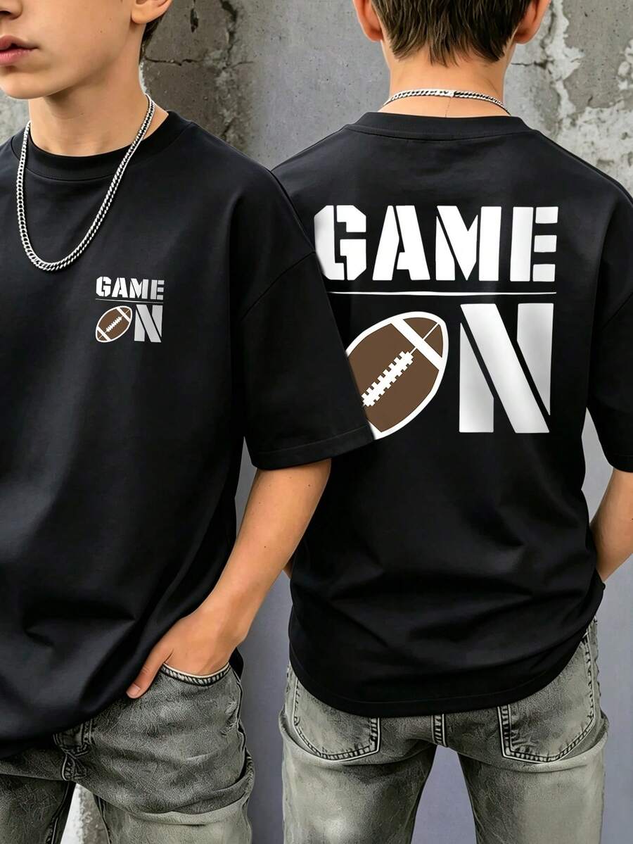 Boys' Teen Student Casual Printed Crew Neck Short Sleeve T-Shirt Summer Top - Black - View 1