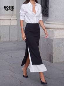 ROSIE POPHUB Women's Black Fdoc High Waist Double Layer Split Maxi Skirt Elegant Straight Long Midi Skirt Daily Commute Work Outfit For Fall & Winter - Black - View 6