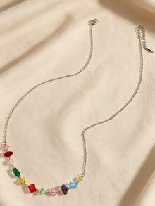 Women Rainbow Mixed Cut Glass Rhinestone Necklace, Dainty Colorful Imitation Gem Collarbone Chain For Daily Party Wear Jewelry - Multicolor - View 8