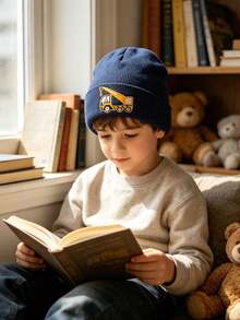 Kids Cuffed Knit Beanie, Excavator, Crane Truck Embroidery Warm Winter Hat For Boys 6‑12Y,Gift For Engineering Vehicle Lovers - Crane - View 5