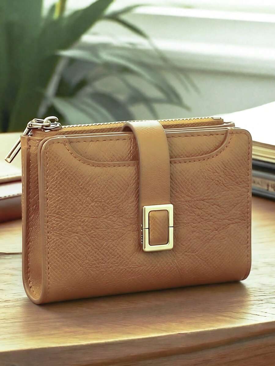 Women's Short Colorblock Patchwork Wallet, Fashionable Fabric Texture PU Multifunctional Card Holder, Exquisite Fashion Clasp Large Capacity Zipper Coin Purse For Young Students, Lightweight And Convenient To Carry, Suitable As Holiday Gift - Camel - View 1