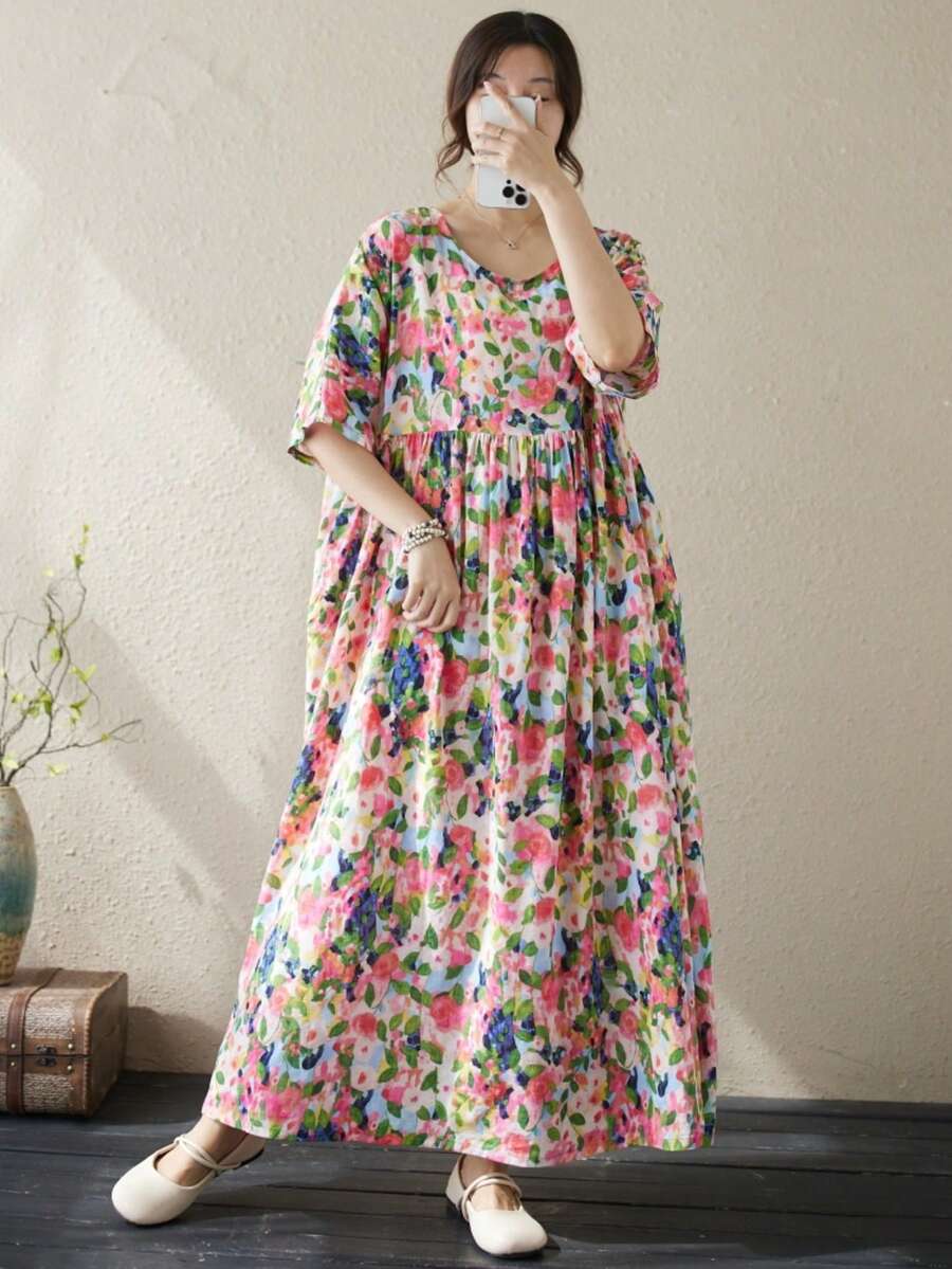 AZAH 萬聖節優雅舞會女款夏季印花長版A字洋裝,短蝙蝠袖設計,圓領,梭織布料,度假洋裝 - 粉色 - 查看 1