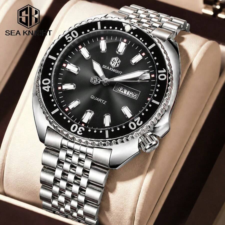 SEA KNIGHT Fashion Brand Men's Business Quartz Watch, New Rotating Bezel, Luminous, Date & Day Display, Waterproof, Men's Watch Gift
