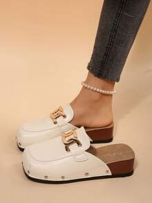 Summer New Beige Multi-Color Optional Flat Slip-On Sandals, French Vintage Versatile Soft Sole Anti-Slip Roman Style Half-Toe Commuter Casual Beach Shoes, Metal Buckle Square Toe Women's - Beige - View 6