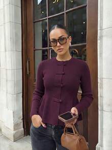 Women's Autumn Set: Vintage Burgundy Chinese Button Knit Cardigan, Round Neck Long Sleeve, Suitable For National Day And New Year - Burgundy - View 2
