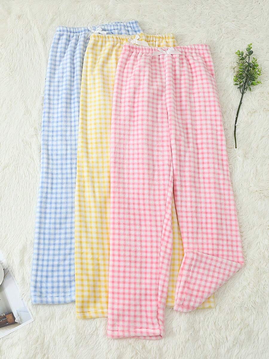 3pcs Celana Piyama Wanita Motif Kotak-kotak Dua Warna Musim Gugur/Dingin, Bahan Flanel Lembut dan Nyaman dengan Lapisan Termal - MultiWarna - View 1