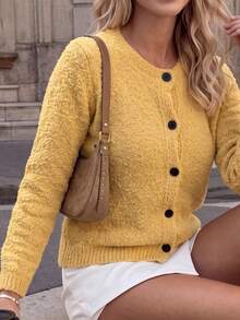 JIANHU Vintage Loose Teddy Knit Button Front Textured Cardigan, Suitable For Autumn/Winter Thanksgiving And Christmas Wear - Yellow - View 5