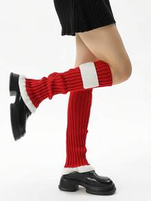 1 Pair Colorblock Square Acrylic Knit Lace Leg Warmers/Foot Warmers/Sock Covers For Women, Suitable For Autumn/Winter - Red - View 3