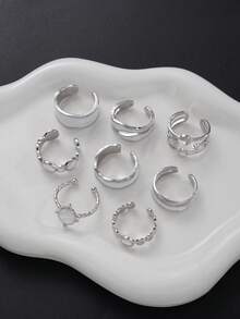 8pcs Bohemian Vacation Style Oil-Drip Geometric Sun Ring Set, Sweet Cool Girl Ins Alloy Stackable Rings, Holiday Gift, Beach Vacation, Birthday Gift Exquisite Jewelry - Silver - View 6