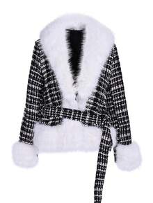 Women's Autumn/Winter Commute Small Pendant Jacket, Lightweight Jacket-Style Down Coat, All-Match Versatile Design With Fur Collar, Belt Included - Black and White - View 1