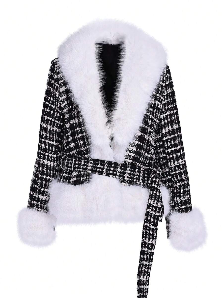 Women's Autumn/Winter Commute Small Pendant Jacket, Lightweight Jacket-Style Down Coat, All-Match Versatile Design With Fur Collar, Belt Included - Black and White - View 1