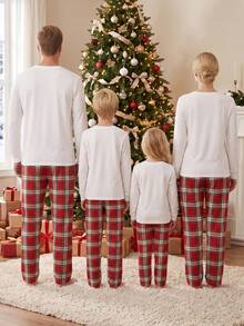 Matching Christmas Pajamas For Family Reindeer Print Tops + Plaid Pants - White - View 2