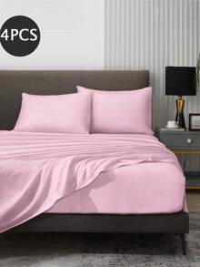 4-Piece Solid Pink Bedding Set, Easy Care, Soft Bedding Set, Includes Fitted Sheet (1 Flat Sheet + 1 Fitted Sheet + 2 Pillowcases), Solid Color Fitted Sheet Set, Available Sizes: King, Queen, Full, Twin, Deep Pocket Fitted Sheet Design, Pillowcases Up To 11.8 Inches, Soft And Breathable, Wrinkle-Resistant - Pink - View 2