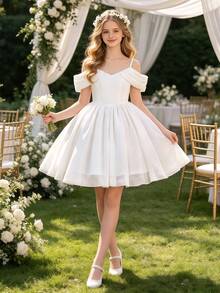 Tween Girls Fashionable Off-Shoulder Evening Gown For Baptism, Bridesmaid, Wedding, Prom, Elegant Princess Birthday Party, Graduation Ceremony, Performance - White - View 2