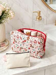 Christmas Quilted Makeup Bag, Festive X‑Mas Print Zipper Cosmetic Pouch, Portable Travel Toiletry Storage Bag For Holiday Gift - Multicolor - View 11