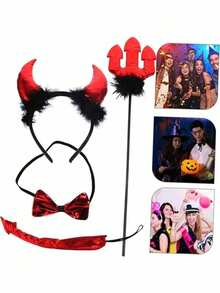 Halloween Devil Costume Set Red Horn Headband Glasses Cane Tail Full Set For Masquerade Carnival Couple Party COS Rave Dance Props (Due To Lighting, Color Difference May Occur, Cane Stick Color Is Random) - Multicolor - View 8