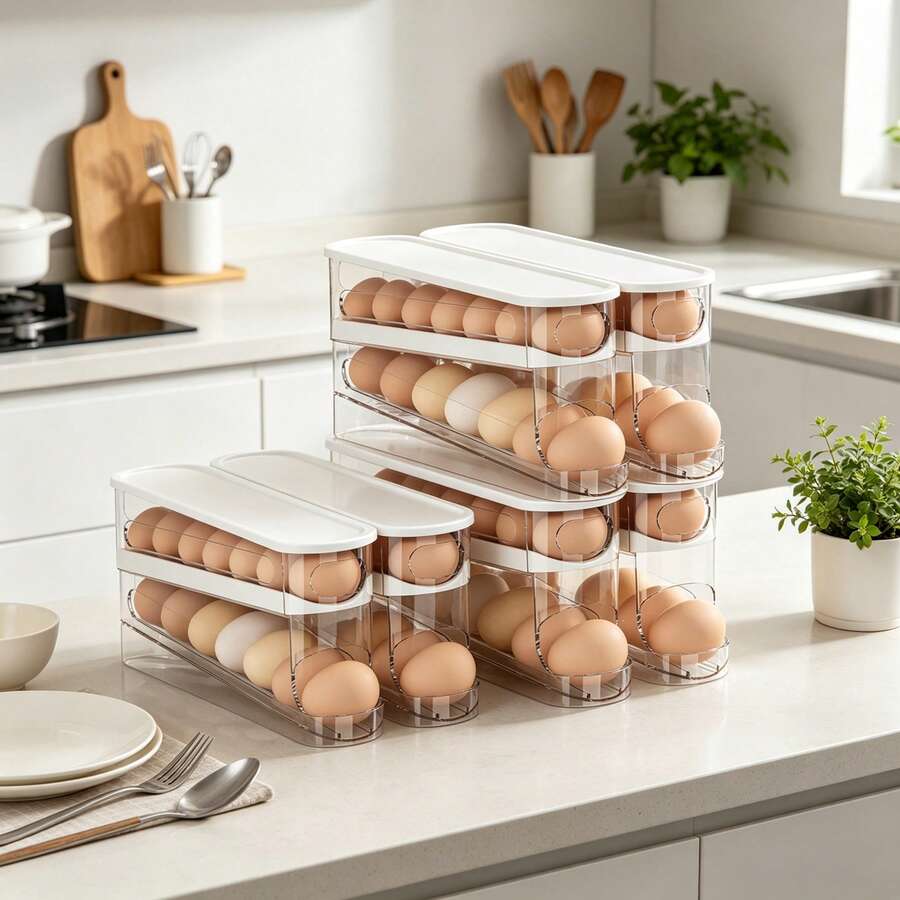 1pc Double-Layer Rolling Egg Storage Box, Space-Saving Refrigerator Door Organizer, Durable Plastic, No Battery Required, Perfect Home Storage - White - View 1